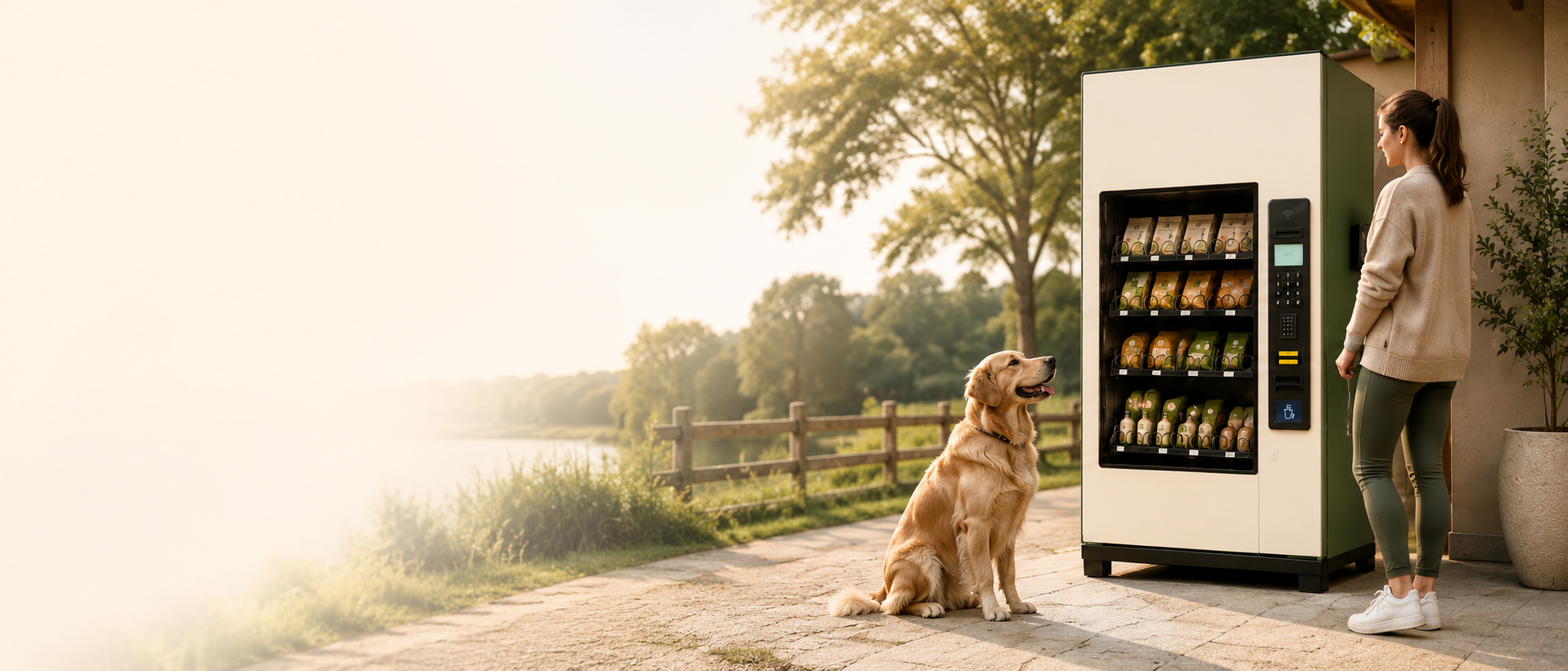Distributeur automatique Animya avec un chien et sa propriétaire
